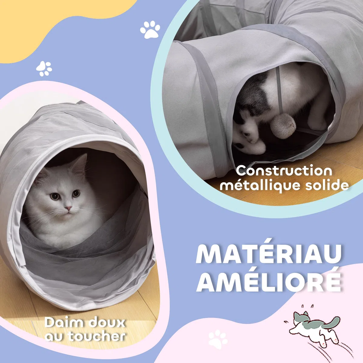 PawHut Tunnel pour Chat intérieur, Rond Tunnel avec lit Pliable avec Coussin, Trous pour balles et Judas, en Tissu suède Doux, Jeux interactifs pour Chatons, Chiots, Lapins et Petits Animaux, Gris