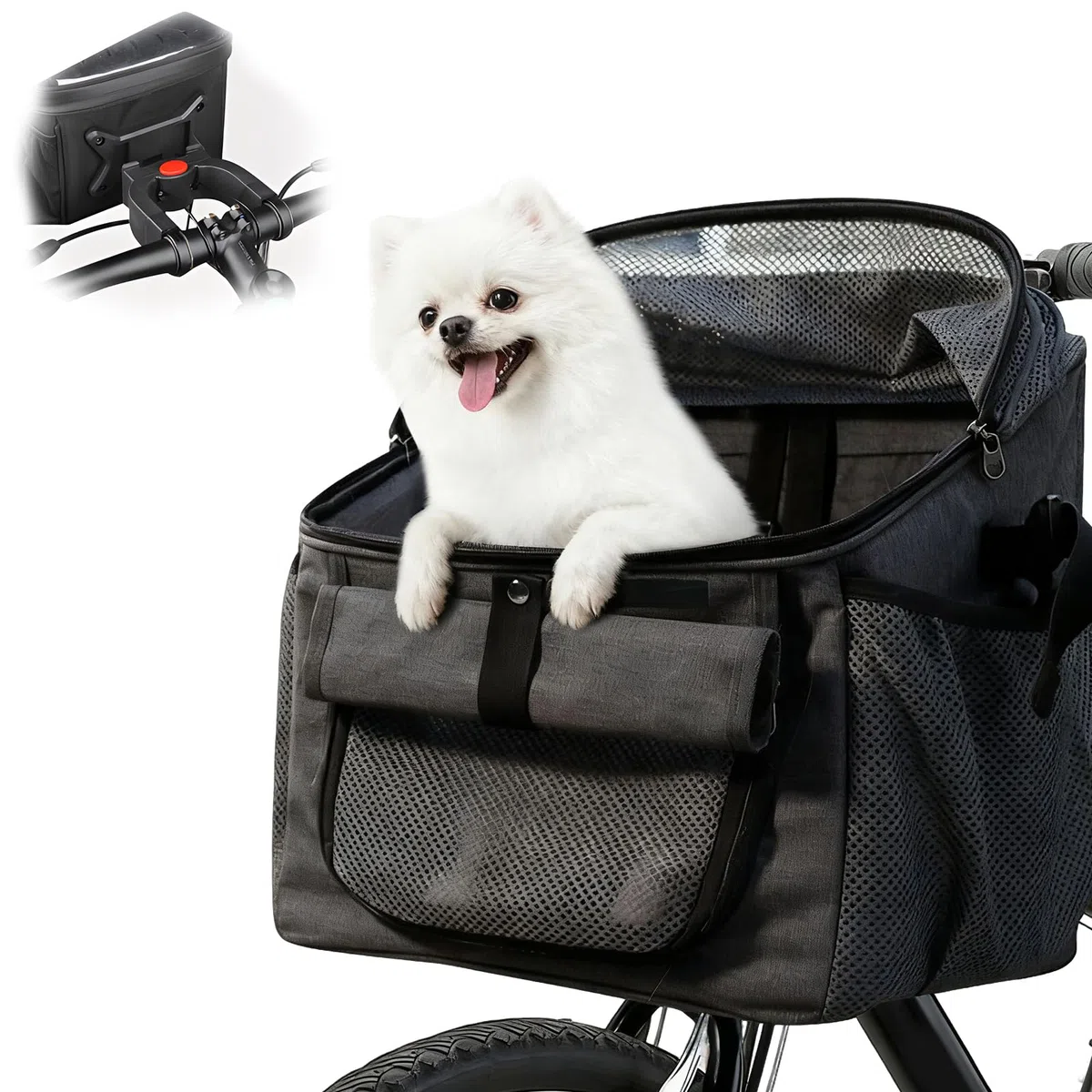 Panier de vélo 4 en 1 pour chien, panier avant de vélo pour chiens et chats, sac à dos amovible avec 4 fenêtres en maille et ceinture de sécurité, sac respirant pour animaux de compagnie pour vélo