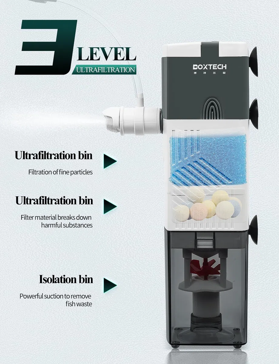 boxtech 4 en 1 Filtre pour Aquarium, Filtre d'aquarium Multifonction, Filtre Submersible Silencieux 10W, débit 600L/H, adapté aux Aquariums de 12-25 gallons