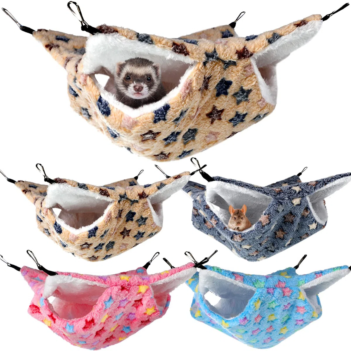 4 Hamacs pour Petits Animaux Hamacs Suspendus pour Cochons d'Inde Lits à Suspendre pour Furet Cachettes de Couchage pour Rat Accessoires de Cage en Polaire pour Hamster (Étoile)