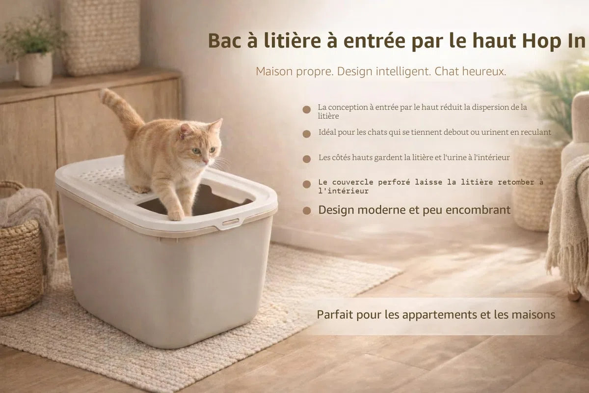 bac litiere pour Chat - Hop in Botanical Green - entrée par Le Haut - Couvercle perforé - côtés Hauts Anti-Projections - 58,5 x 39 x 39,5 cm