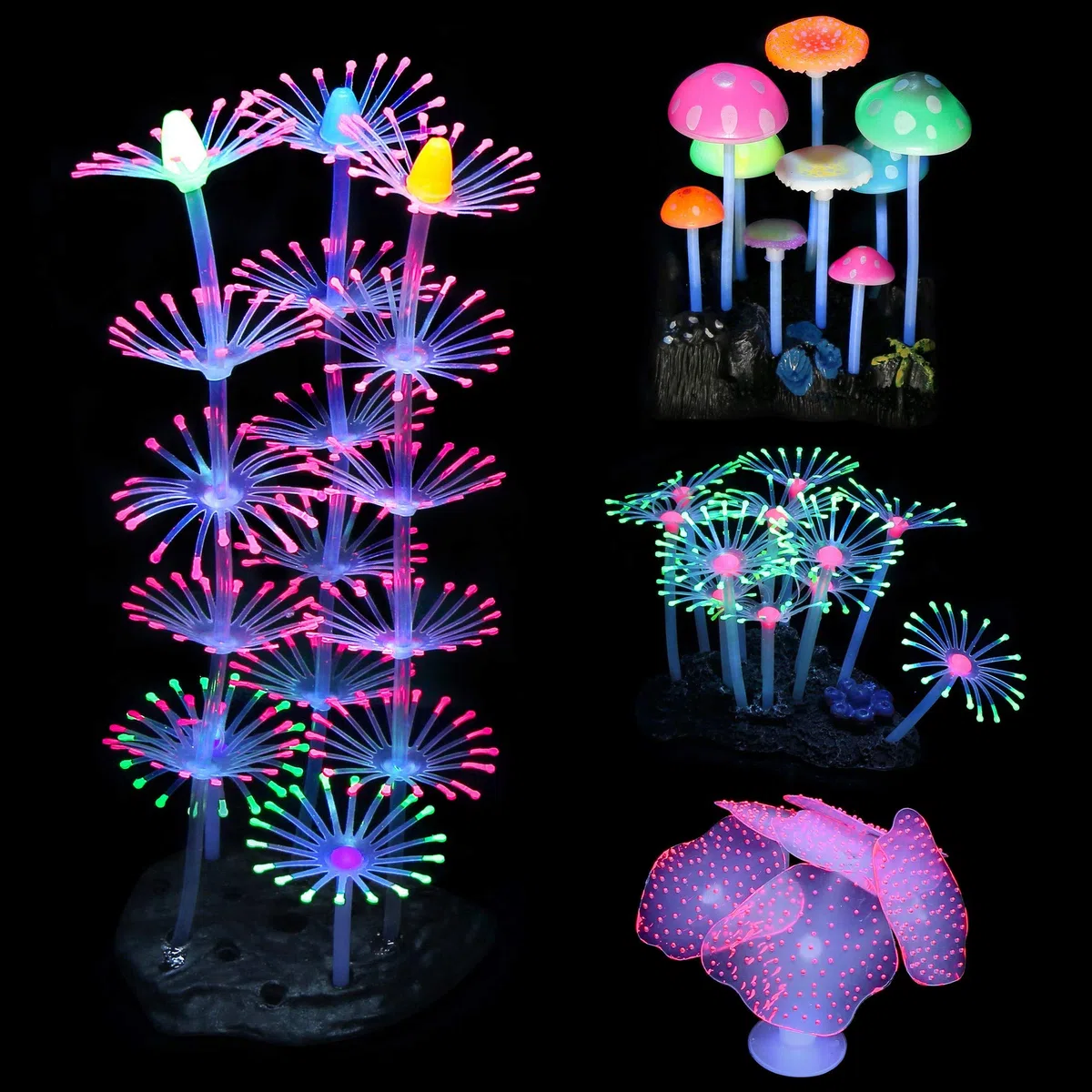 Mangsen Lot de 4 décorations d'aquarium phosphorescentes en Silicone pour décoration d'aquarium - Récif de Corail - Champignon et anémone