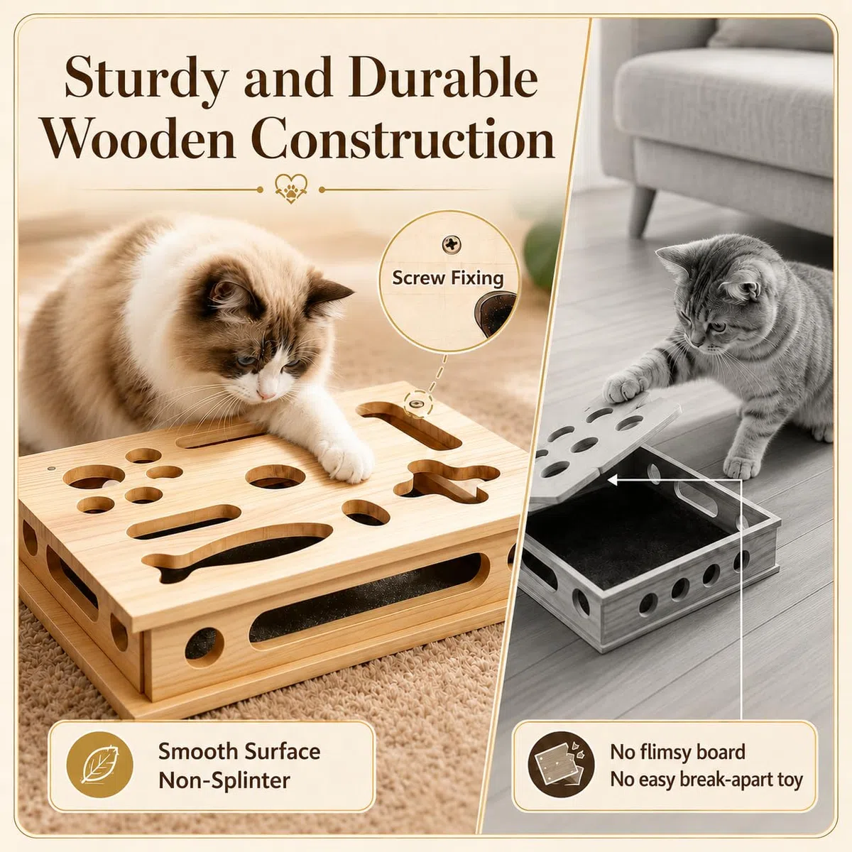 Boîte d'Enrichissement pour Chat, Boîte à griffer en Bois pour Chat, Grand Jouet d'enrichissement, 39 x 30 cm, Jouet Chat Interieur en Bois avec Lime à Ongles, Papier de Verre et 3 balles