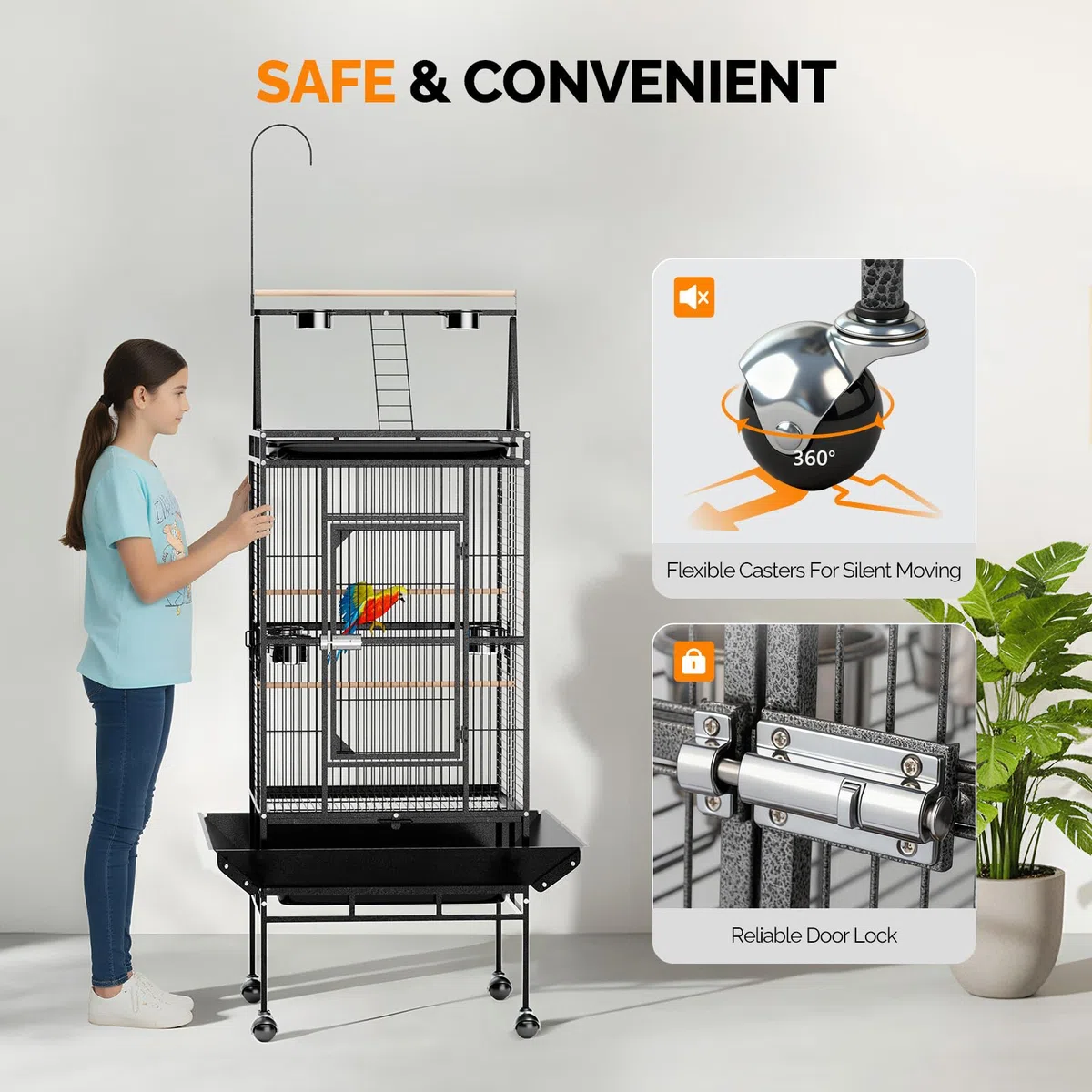 LEADZM Cage Oiseau, avec escalier sur Le Dessus et Double Bol d'alimentation, Robuste et Durable, avec 5 Positions d'alimentation, 83 x 78 x 210 cm
