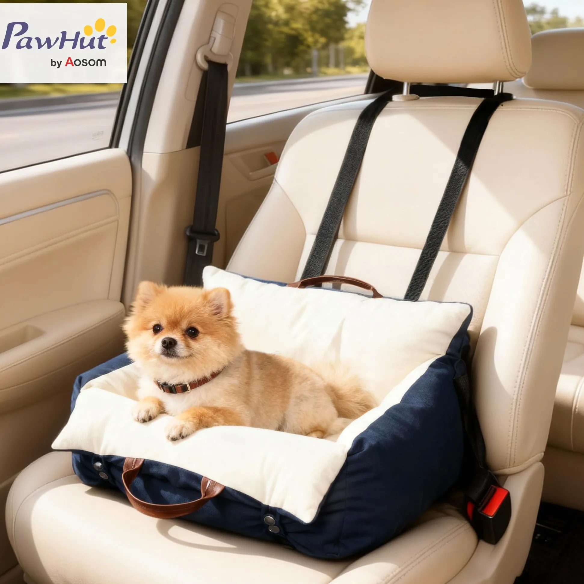 PawHut Siège Auto pour Chien avec Ceinture de sécurité et Fixation, siège de Voiture pour Chiens rembourré Confortable Portable jusqu'à 5kg, Panier Voiture pour Animal Coussin Amovible, Bleu Marine