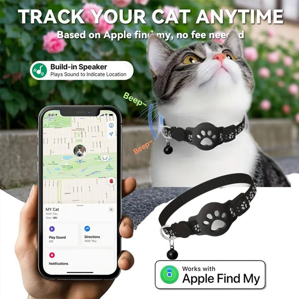 Collier GPS Chat, Traceur GPS Chat Tracker, sans Abonnement Mensuel, Pas de SIM, Compatible avec Apple Find My (iOS Uniquement) (Collier + pisteur Rose)