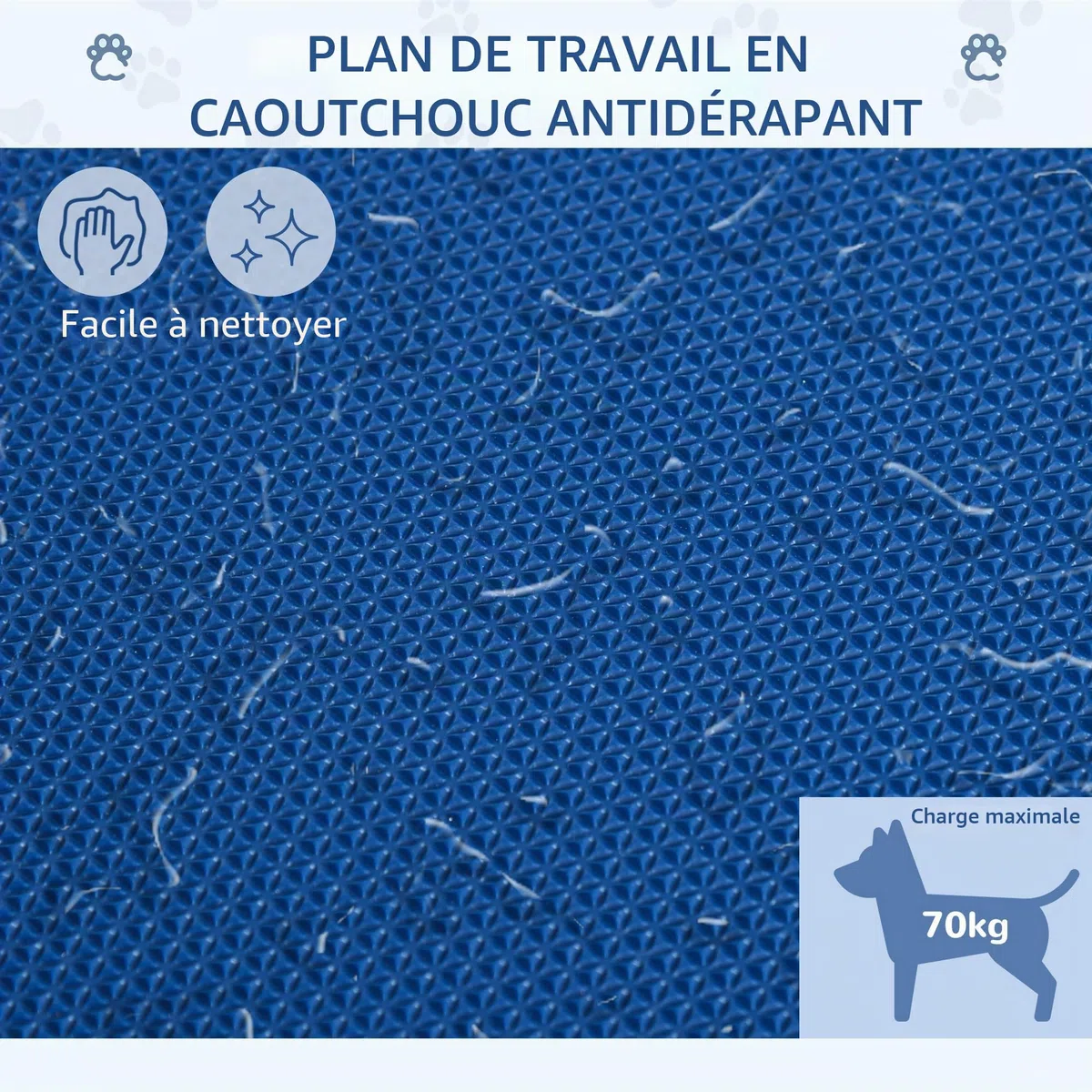 PawHut Table de toilettage Hauteur réglable, plateau antidérapant, pieds pliables en acier inoxydable, poignée et bras ajustables 72x45x74-81 cm Bleu