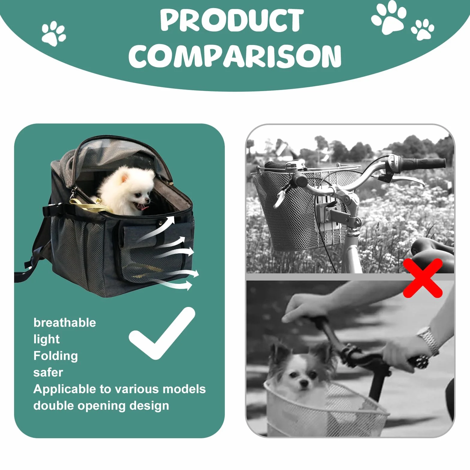 Panier de Vélo pour Chien, Sac à Dos pour Chat Pliable avec Fenêtre en Filet et Ceintures de Sécurité, Panier Velo Chien Pliable Sac à Dos Animaux de Compagnie (Noir)