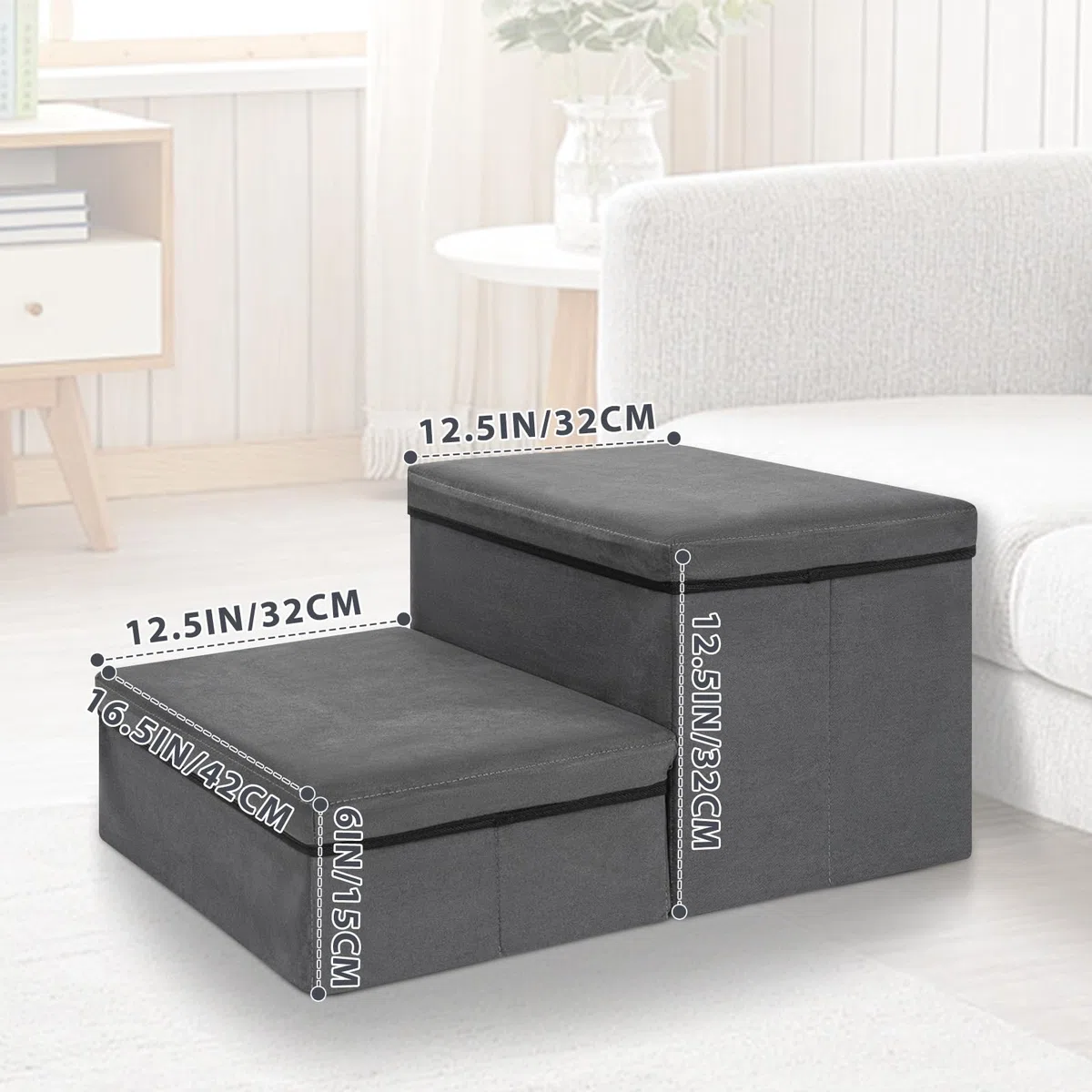 OUUTMEE Escalier pour Chien, Escalier pour Animaux avec Rangement Intégré, Escalier Chien Pliable Antidérapante pour Chiots, Chats Petits/Moyens et Animaux Agés, Lit et Sofa (Gris) (2 Marches)