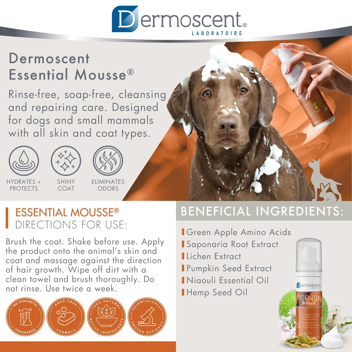Essential Mousse pour Chien et Petits Mammifères | Soin Nettoyant Protecteur sans Rinçage | 150 ML | Usage Facile et Naturel | Dermoscent