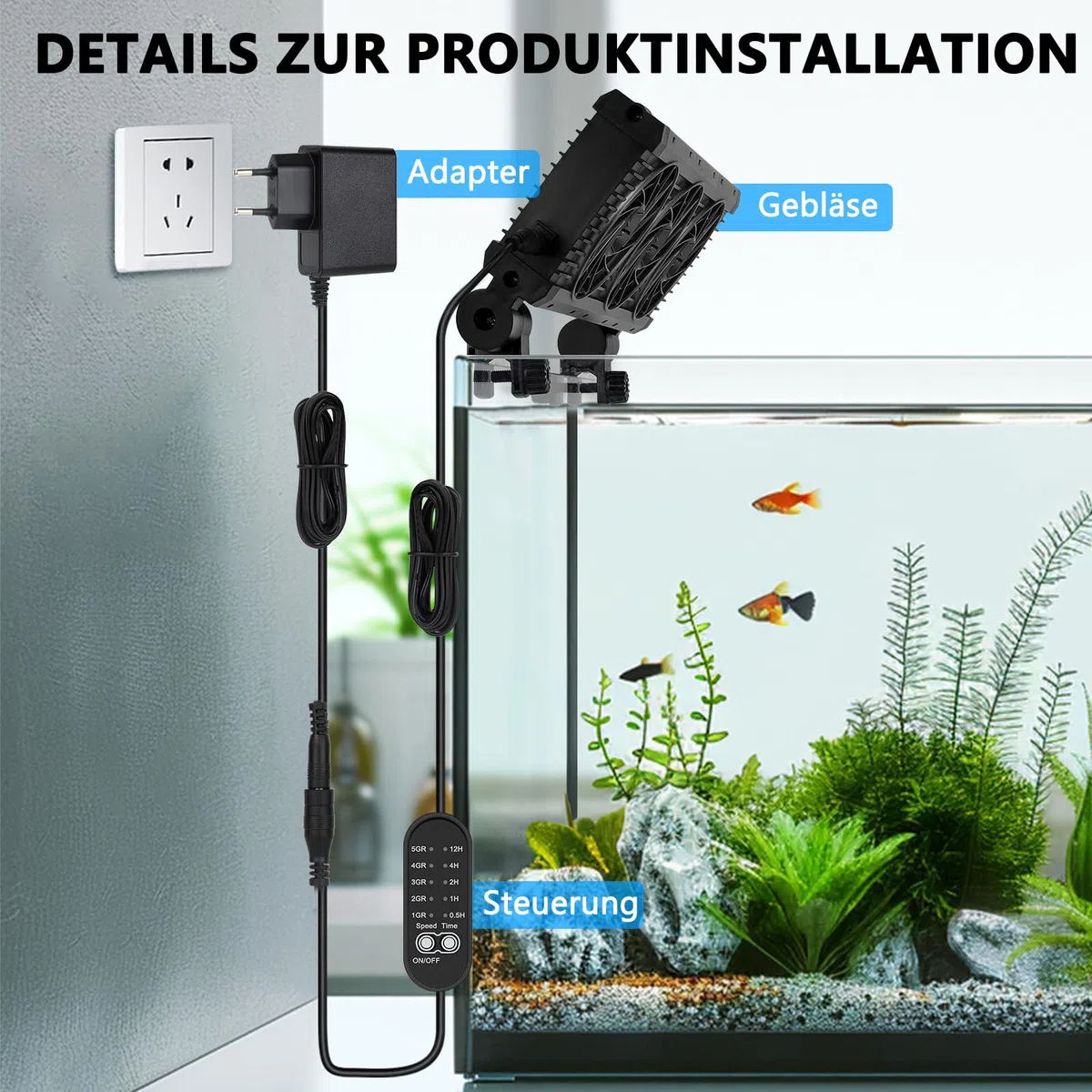 fishkeeper Ventilateur d'aquarium, Refroidisseur d'aquarium, Vitesse d'air réglable et minuterie, Ventilateur d'aquarium Silencieux pour Aquariums d'eau Douce et d'eau salée jusqu'à 60 cm