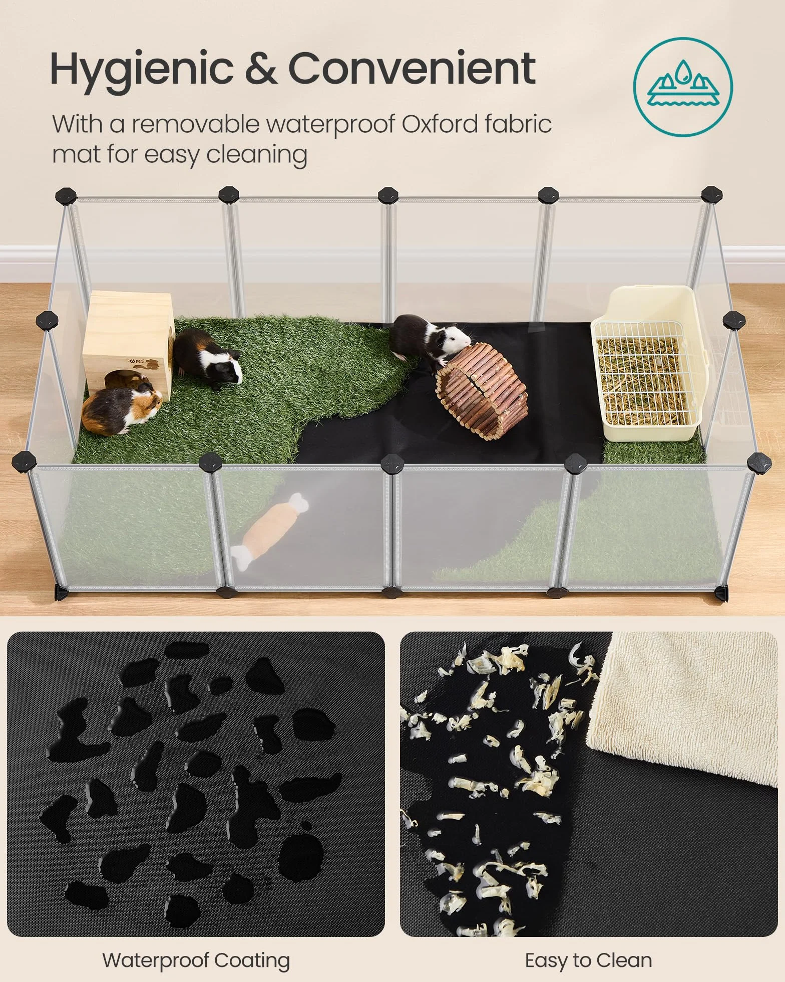 SONGMICS Enclos pour Animaux avec Plancher et Tapis Imperméable et Amovible, Parc pour Petits Animaux, pour Hamsters, Lapin, Hérisson, Cochon d’Inde, 125 x 63 x 42 cm, Blanc LPC009W01