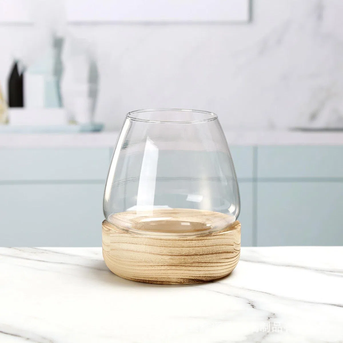 Bocal à Poissons en Verre avec Base en Bois, Petit Aquarium pour Poissons Betta Rouges, Vase en Verre pour Pla-nte Hydroponique, Vase à Fleurs pour Décoration de Bureau Maison