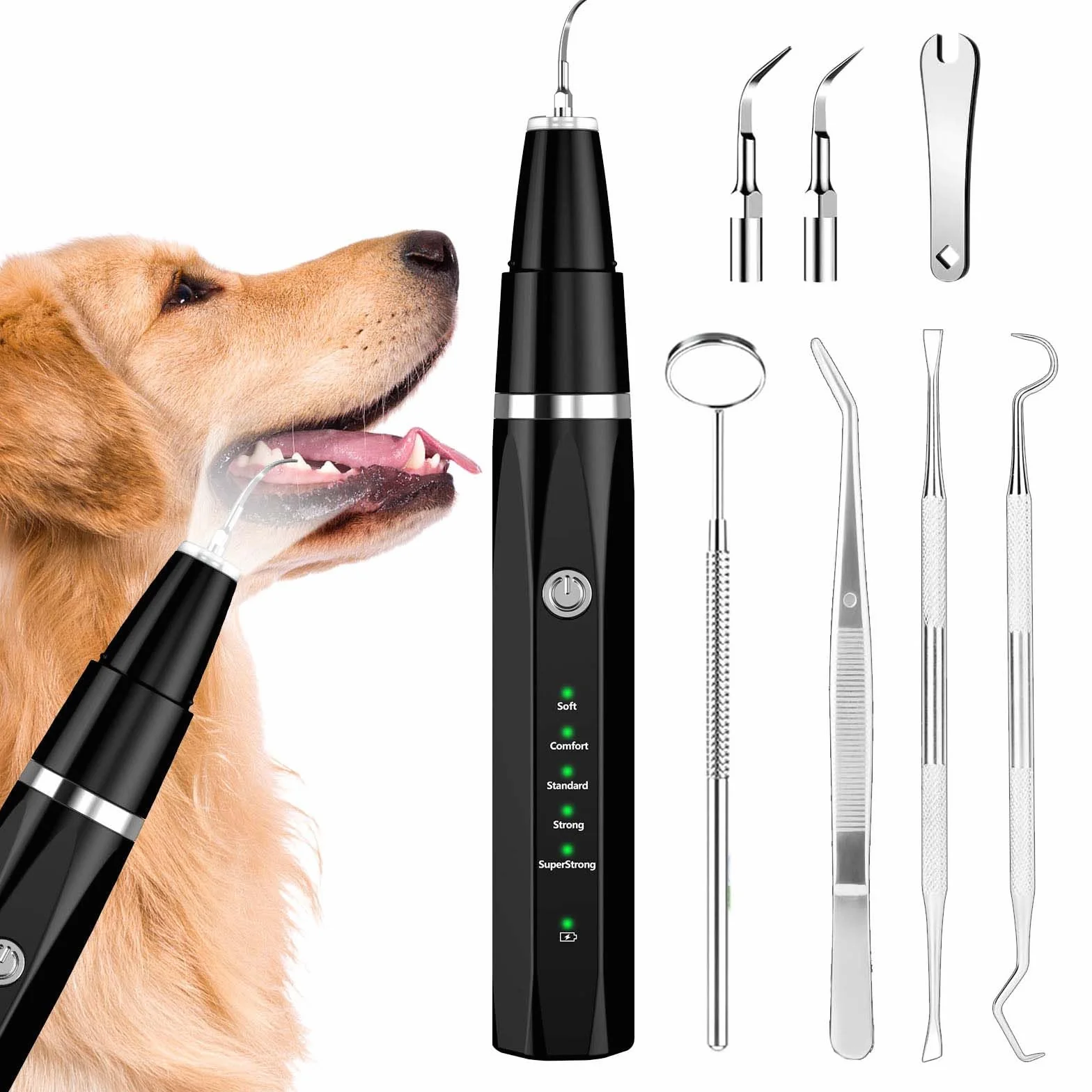 Ni-SHEN Kit d'enlèvement de plaque dentaire, de nettoyage des dents à ultrasons pour animaux domestiques, de tartre et de taches, convient pour chiens et chats (Noir)
