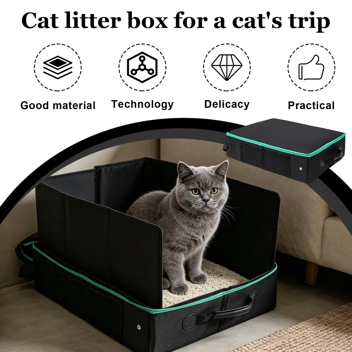 Bac À Litière De Voyage, Bac Litiere pour Chat Portable Et Pliable, Caisse Chat Litiere Et Portable, Litiere De Voyage en Tissu Oxford, Le Camping, Pliable, Étanche, 50 X 40 X 28 Cm,Noir