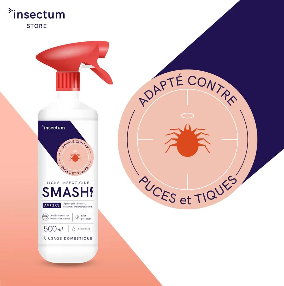 SMASH Spray Anti-Puces et Anti-Tiques pour Environnements et Tissus - Pour Utilisation à Domicile et en Extérieur - 1x500ml - Insecticide Sans Perméthrine