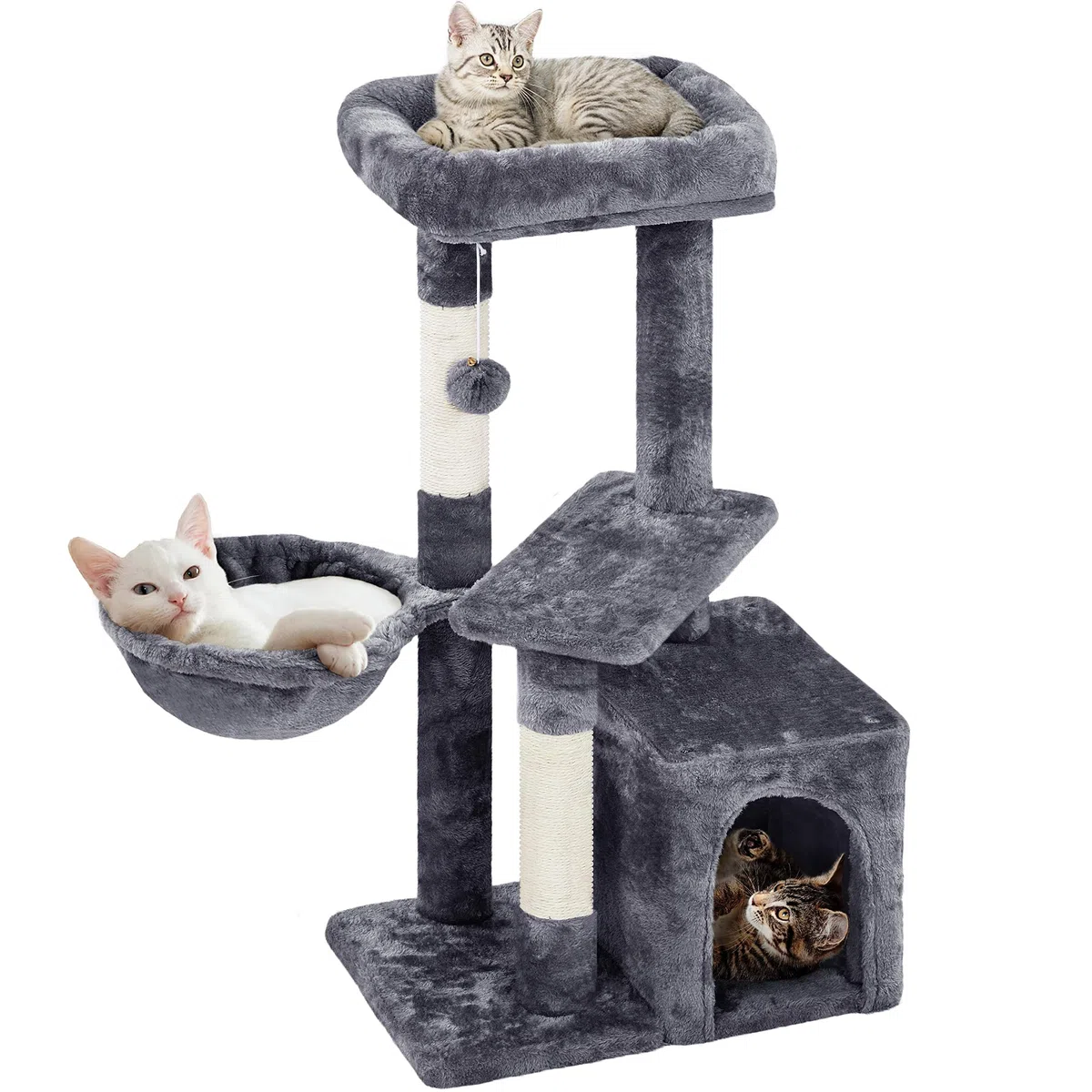 Yaheetech Petit Arbre à Chat Multiniveau Tour pour Chat avec Poteaux Griffoir Cordes Sisal Cachette Panier Niche Plateforme Boule Suspendue Arbre à Grimper 87 cm de Haut Gris Foncé