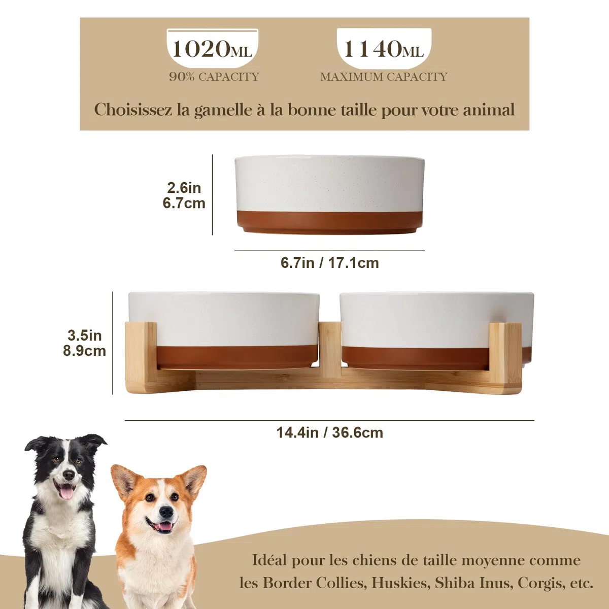 Ensemble de gamelles en céramique pour chien MALACASA avec support en bois, gamelles pour animaux de 3,5 tasses pour chiens de taille moyenne avec base antidérapante, grands chiots, chats, retrievers
