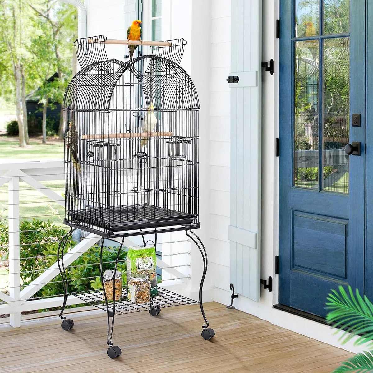 Yaheetech Cage Oiseau avec Toit Ouvert Voliere Oiseaux Interieur roulante sur roulettes avec Support Détachable pour Perruche Canaries Mandarin 59 x 59 x 150 cm Noir