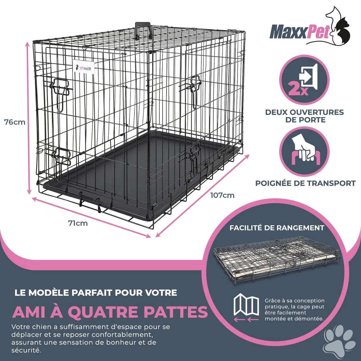 MaxxPet Metal Cage de Chien - Caisse de Transport pour Chien - Cage Chien XXL avec 2 Portes - INCL.Plaid et Gamelle - Interieur, Dog Crate Voiture - Cage Pliable Chien - 107x71x76 cm - Noir