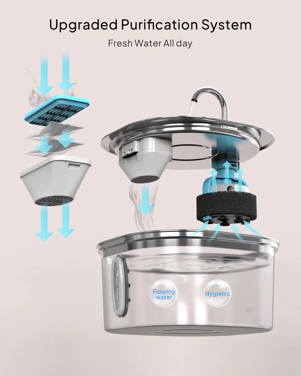 Fontaine à Eau pour Chats PEKTACO en Acier Inoxydable pour Intérieur - Fontaine à Eau Automatique 3,2L avec Fenêtre de Niveau d'eau, Silencieuse, Distributeur d'eau pour Chien