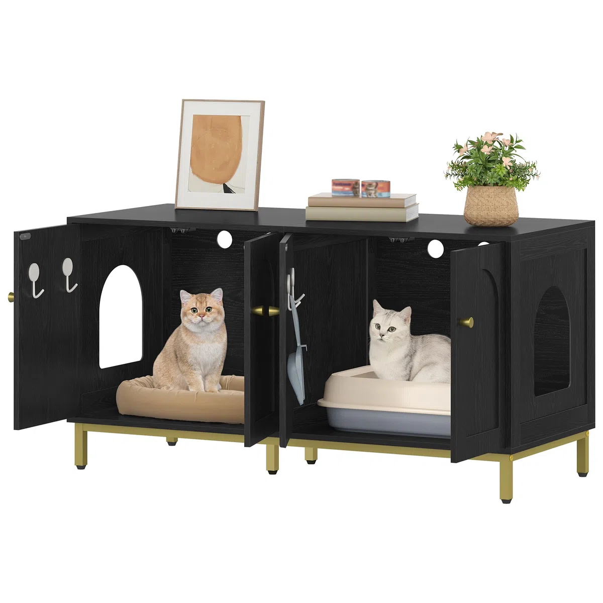 Hzuaneri Maison de Toilette Chat pour 2 Chats, Meuble de Litière Caché de 119cm, Banc de Rangement, Convient à la Plupart des Litières por, Noir et Or CB82304A