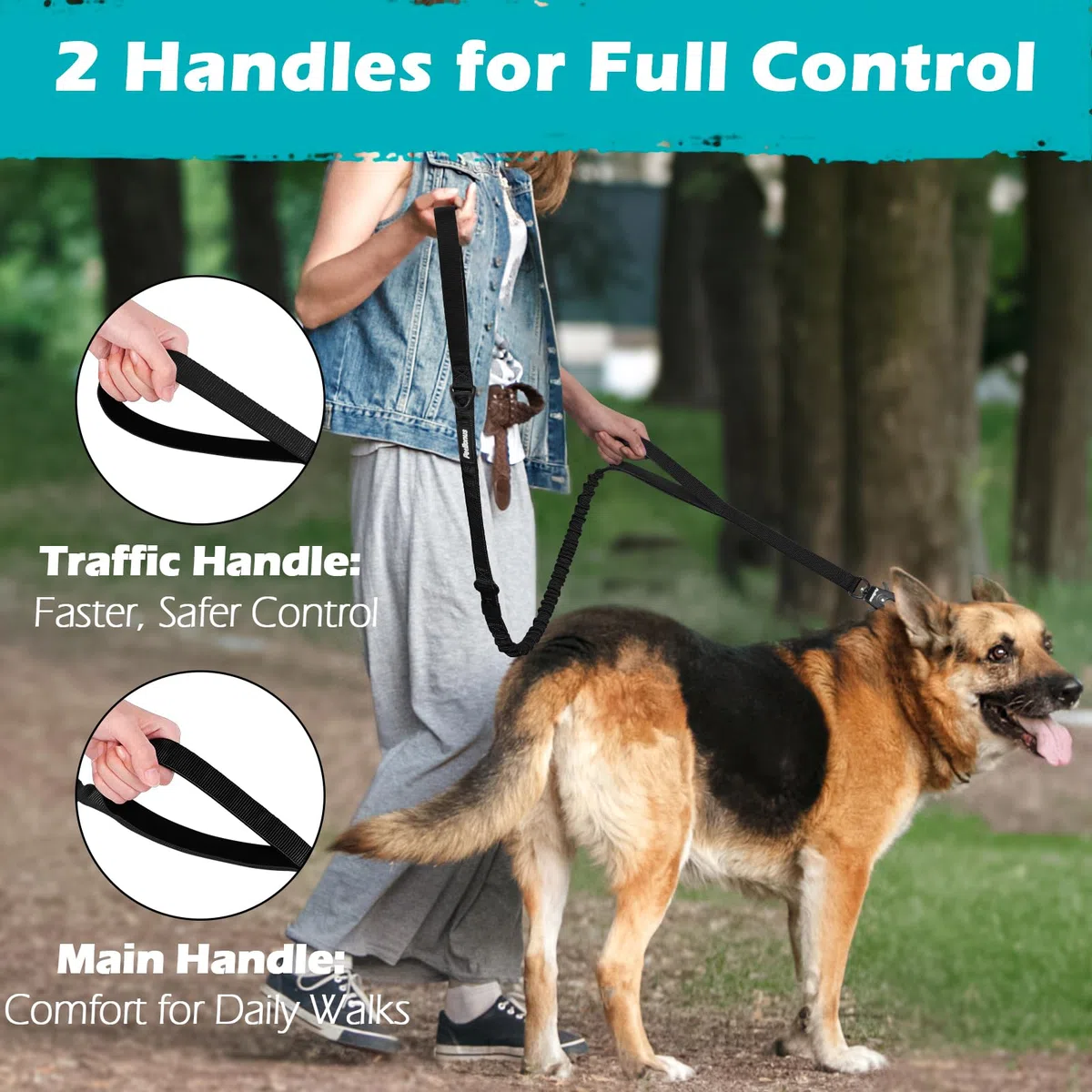 PetBonus Laisse Tactique 1,5m, Bungee Laisse de Chien avec 2 Poignées Rembourrées, Ceinture Sécurité Voiture, Anti Tirage Chiens Moyennes et Grandes Tailles (Noir)