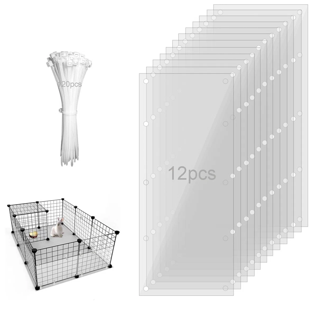 Lot de 12 Doublures de bord de la cage pour animaux, 35 x 12cm, Doublures de protection pour cage de petit animal avec 120 attaches pour lapin, cochon d'Inde, hamster et autres petits animaux
