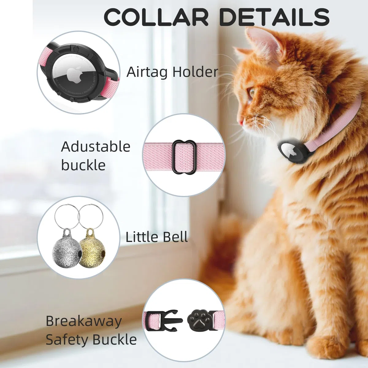 Collier pour Chat AirTag, Collier Extensible pour Chaton avec Support pour Apple Air Tag et Clochette, Collier de Chat avec Design Détachable Ultra Élastique et Suivi GPS pour Chats et Chiots (19-32