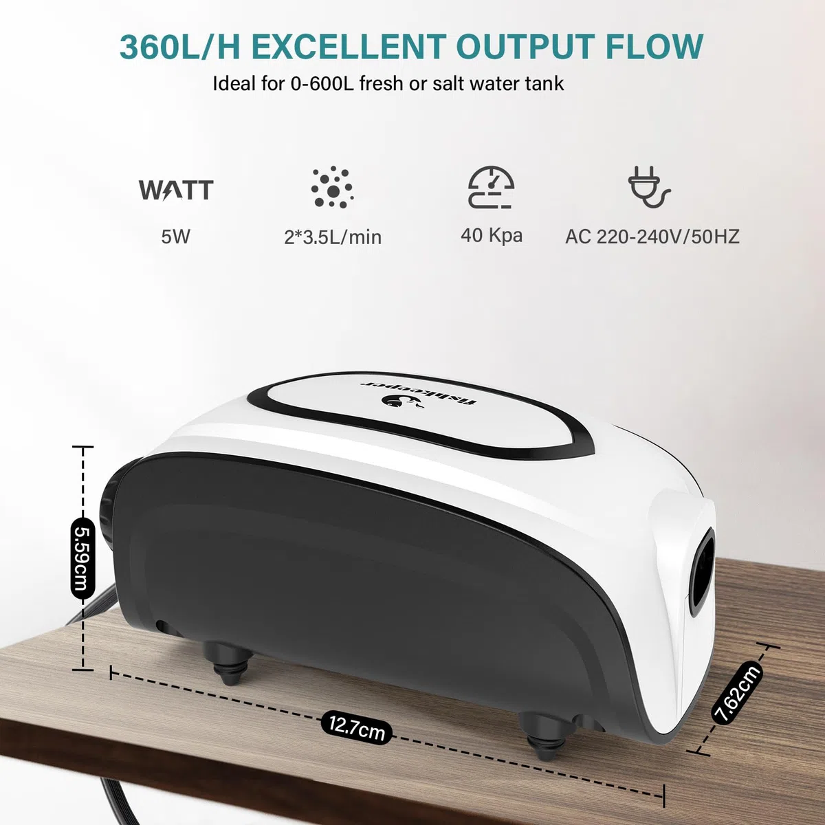 fishkeeper Bulleur pour Aquarium, Réglable Pompe à Air Aquarium, Pompe à air Externe pour Petits Aquariums de 1 à 600L, Pompen Externe pour Aqua à Eau avec Ventouses