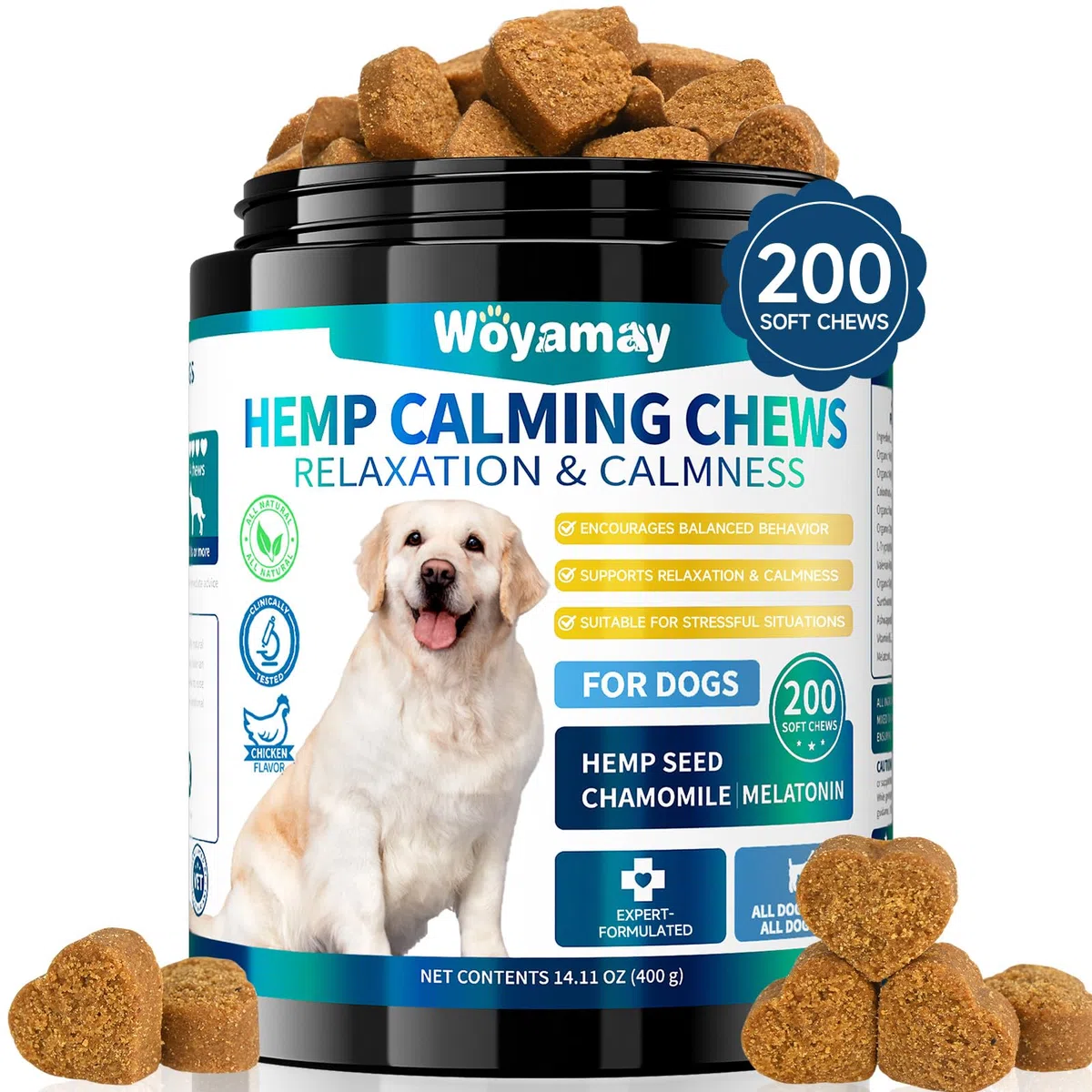 Woyamay Calmantes pour Chien, 200 Pièces Calmant à Mâcher pour Chiens, pour Accompagner Lors de Moments de Séparation, Voyage, Feux d’Artifice ou Orages, Saveur Poulet