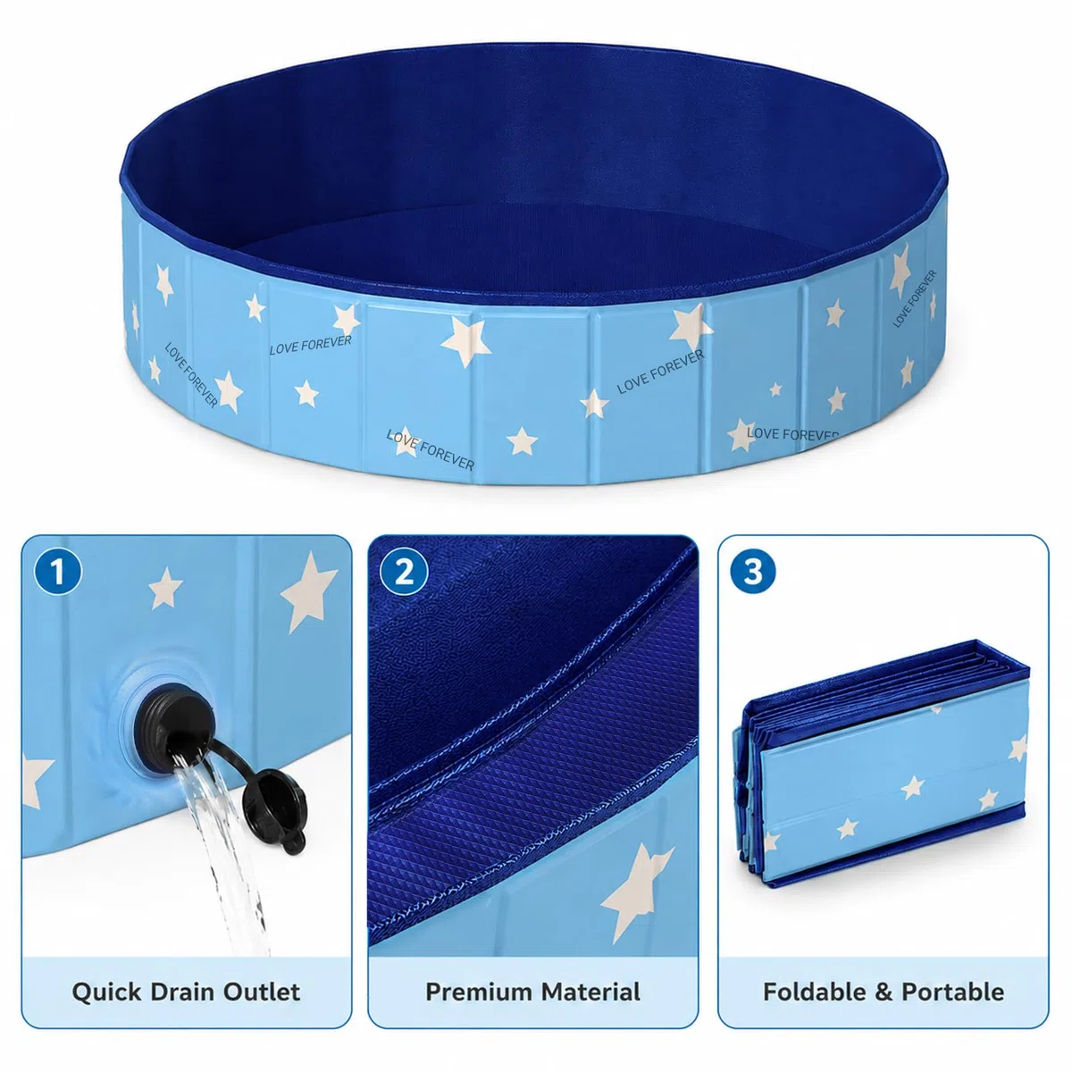 ZoneYan Piscine Pliable Chien 80 * 30 cm, Piscine pour Chien en PVC, Baignoire pour Chien Antidérapante avec Double Vidange, Piscine pour Chien Piscine Portable pour Petits et Moyens Chiens (Bleu)