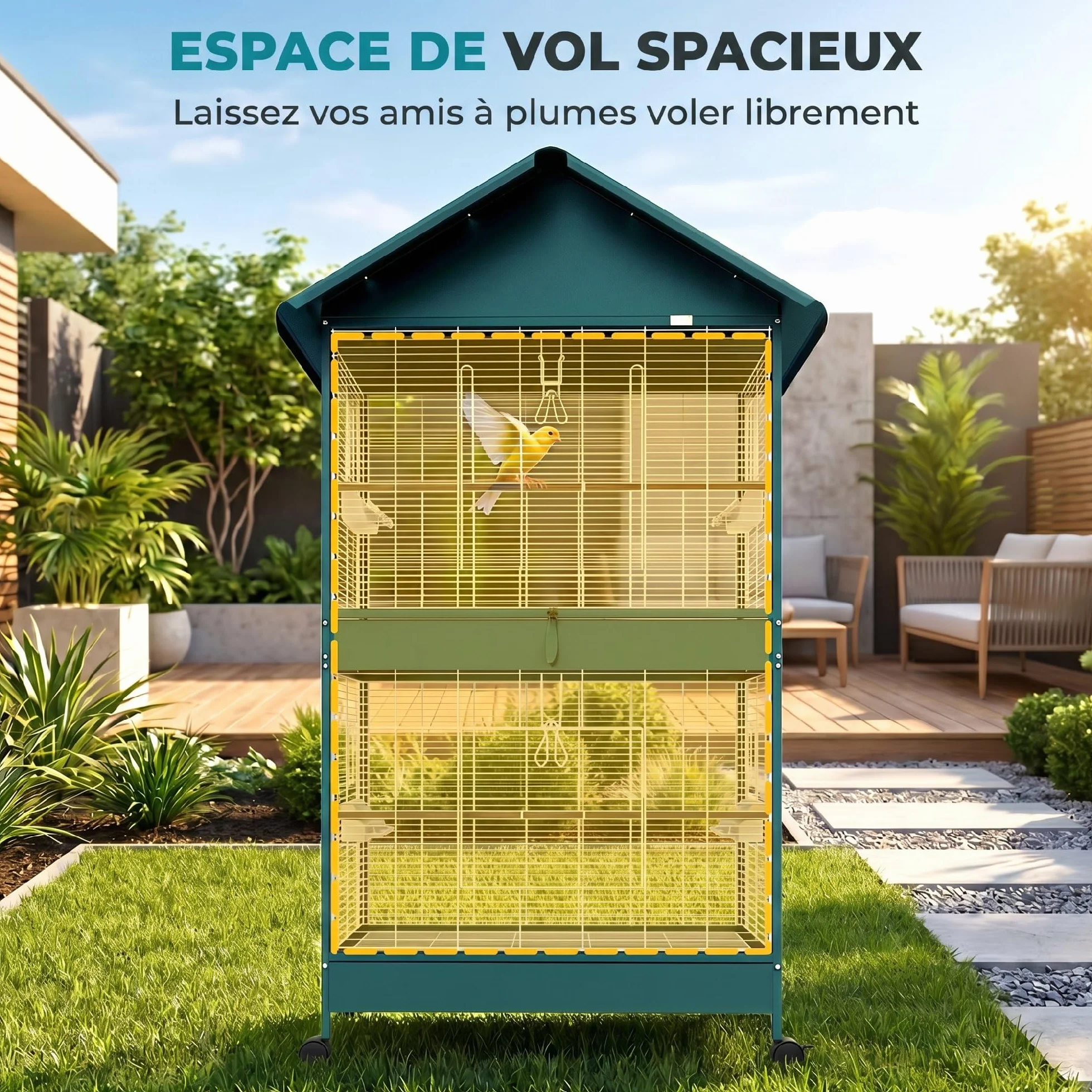 PawHut Grande Cage à Oiseaux Roulante, Volière Oiseaux Intérieur/Extérieur, Séparateur Amovible, 4 Mangeoires, 2 Perchoirs, 2 Plateaux, 94x70x158 cm