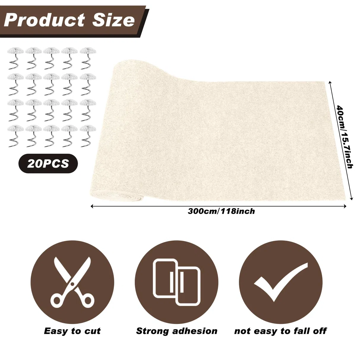 300cm x 40cm Griffoir Chat, Tapis Griffoir Chat Auto Adhésif, DIY Protection Canape Chats Anti Griffe, Trimmable Chats Grattoir avec 20 Vis pour Protéger Meubles Tapis Canapé Mur