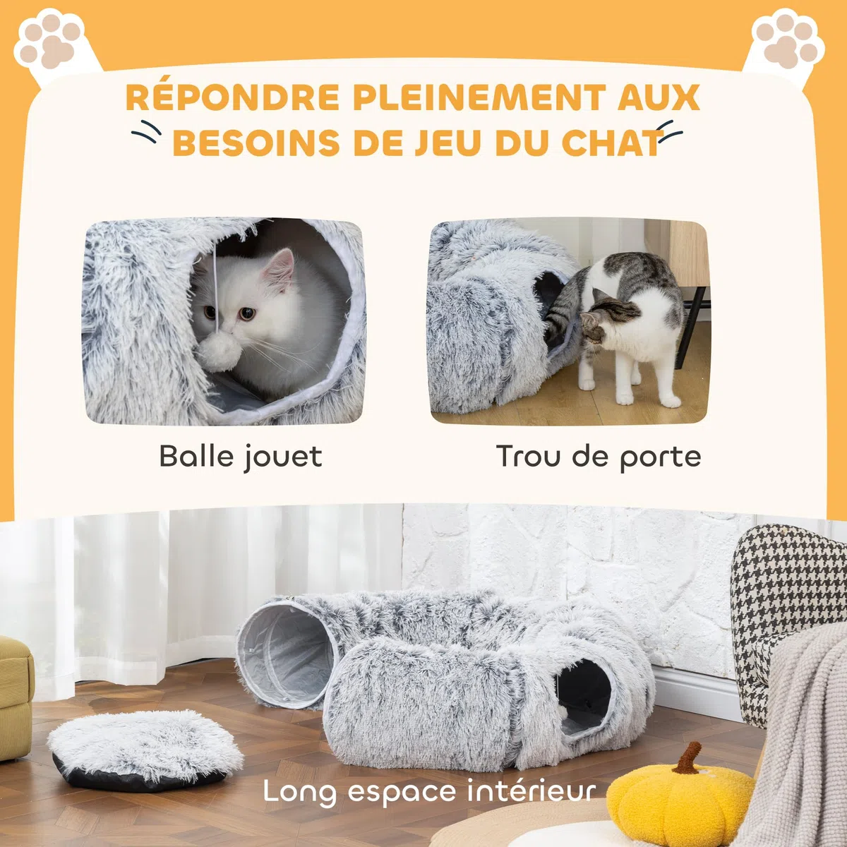 PawHut Tunnel pour Chat Intérieur 2 en 1 avec Lit de Chat en Tissu Suède Doux, Tunnel Chat Rond Pliable en Forme de Donut avec Coussin Circulaire Lavable, Jouet Balle et Trou d'Entrée, Gris Clair