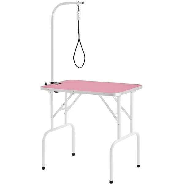 Abician Table de Toilettage pour Chien/Chat/Animaux Table de Toilettage Portable avec Potence Réglable Sangle Plateau Antidérapant 80,5× 46 × 76 cm Charge Maximale de 100 kg Rose