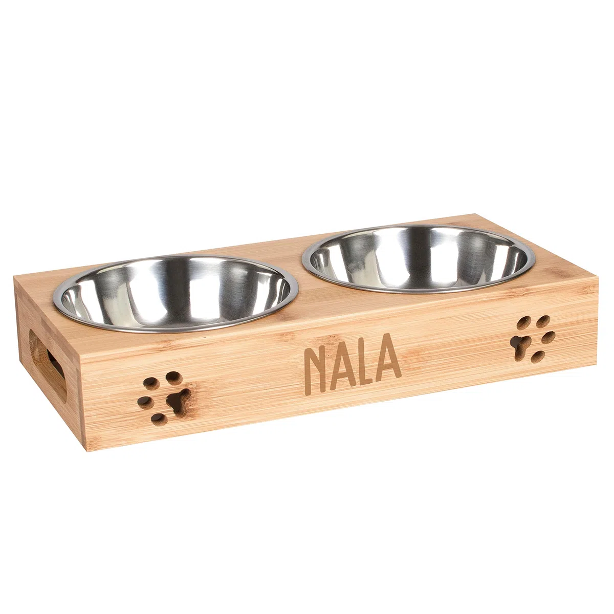 LAUBLUST Station d'alimentation pour Chiens personnalisée avec nom – Naturelle | 38x19x6cm, surélevée - Mangeoire et Abreuvoir pour Chats | 2 gamelles en INOX x 0,75L | Gamelle avec Gravure pour Chat