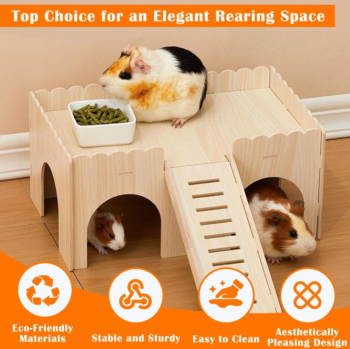 Cabane Cochon d'Inde Bois Massif 4 Entrées avec Rampe Détachable, 38x25x18cm Maison en Bois Naturelle Petits Animaux de Compagnie, Accessoires Jouets pour Hamsters, Nains, Chinchilla, Lapins