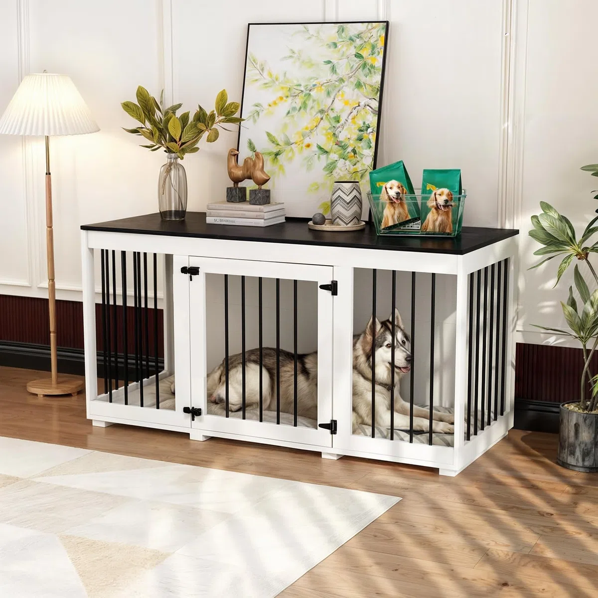 Cage Moderne pour Chien avec 1 Porte grillagée,Niche pour Chien en MDF et métal,Cage de Transport pour Animal Domestique, Respirante,Niche d'intérieur pour Moyenne,136.2x56.2x70cm