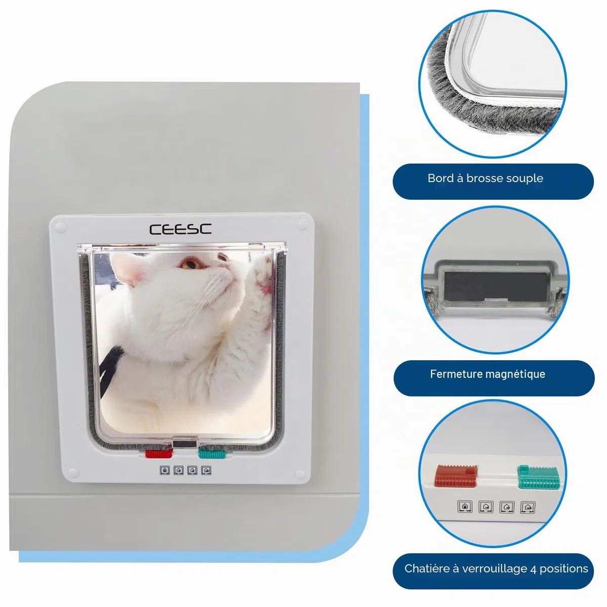 CEESC Chatière pour Chat, Chatière Verrouillable à 4 Voies pour Chat, Petit Chien, Facile à Installer et à Utiliser(M,Blanc)