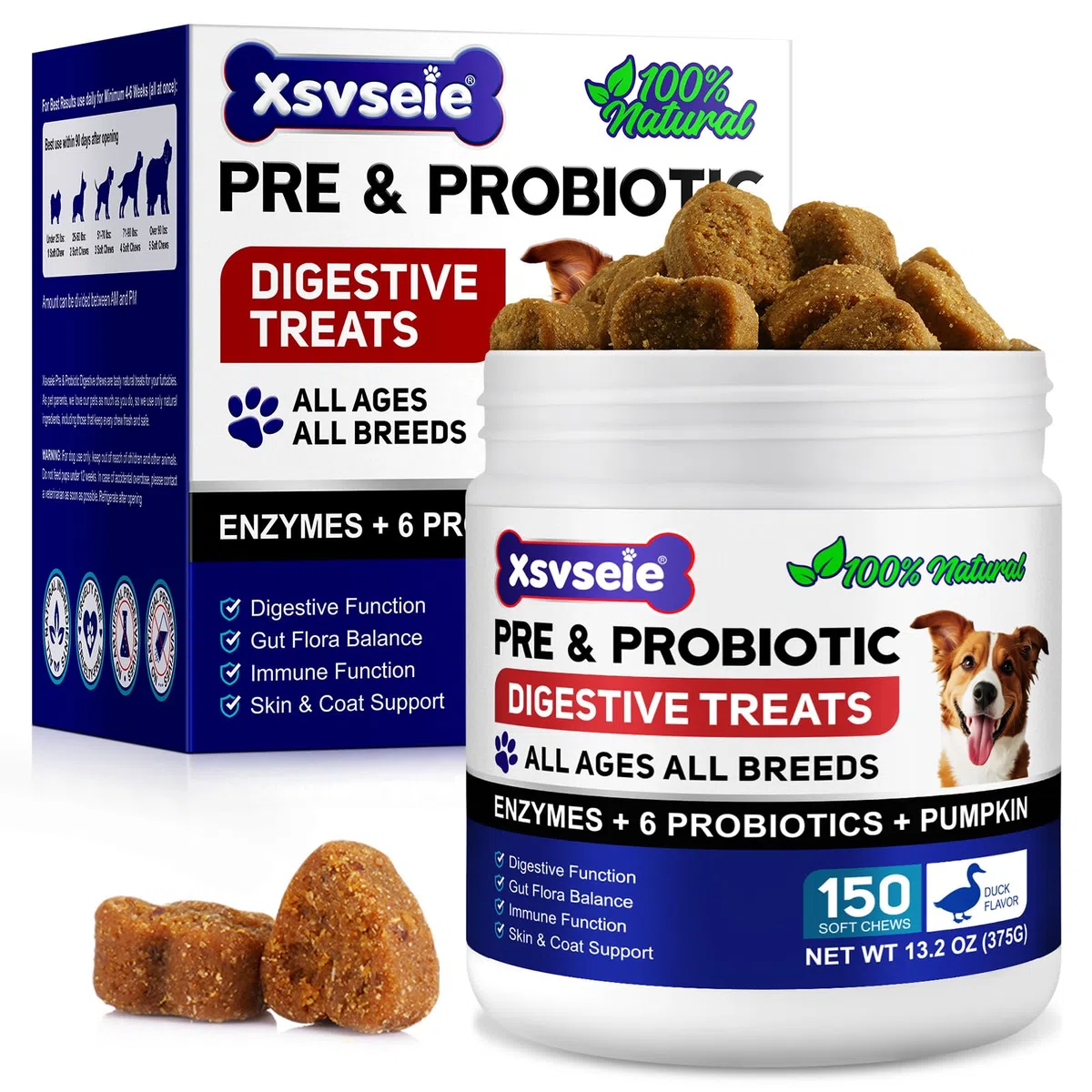 Probiotiques pour Chiens, Digestive Remedies for Dogs, enzymes digestives, santé intestinale, démangeaisons cutanées, Allergies, système immunitaire et Soutien à la santé Globale,150 Chews Duck