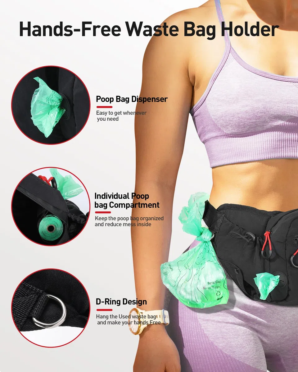 AGPTEK Sac à Friandises pour Chien, Sac Banane Grande Capacité Dressage Canin, Imperméable, Poche Amovible, Porte-Gourde, Distributeur de Sacs à Déjections, Fermeture Étanche, Sangle Ajustable, Noir