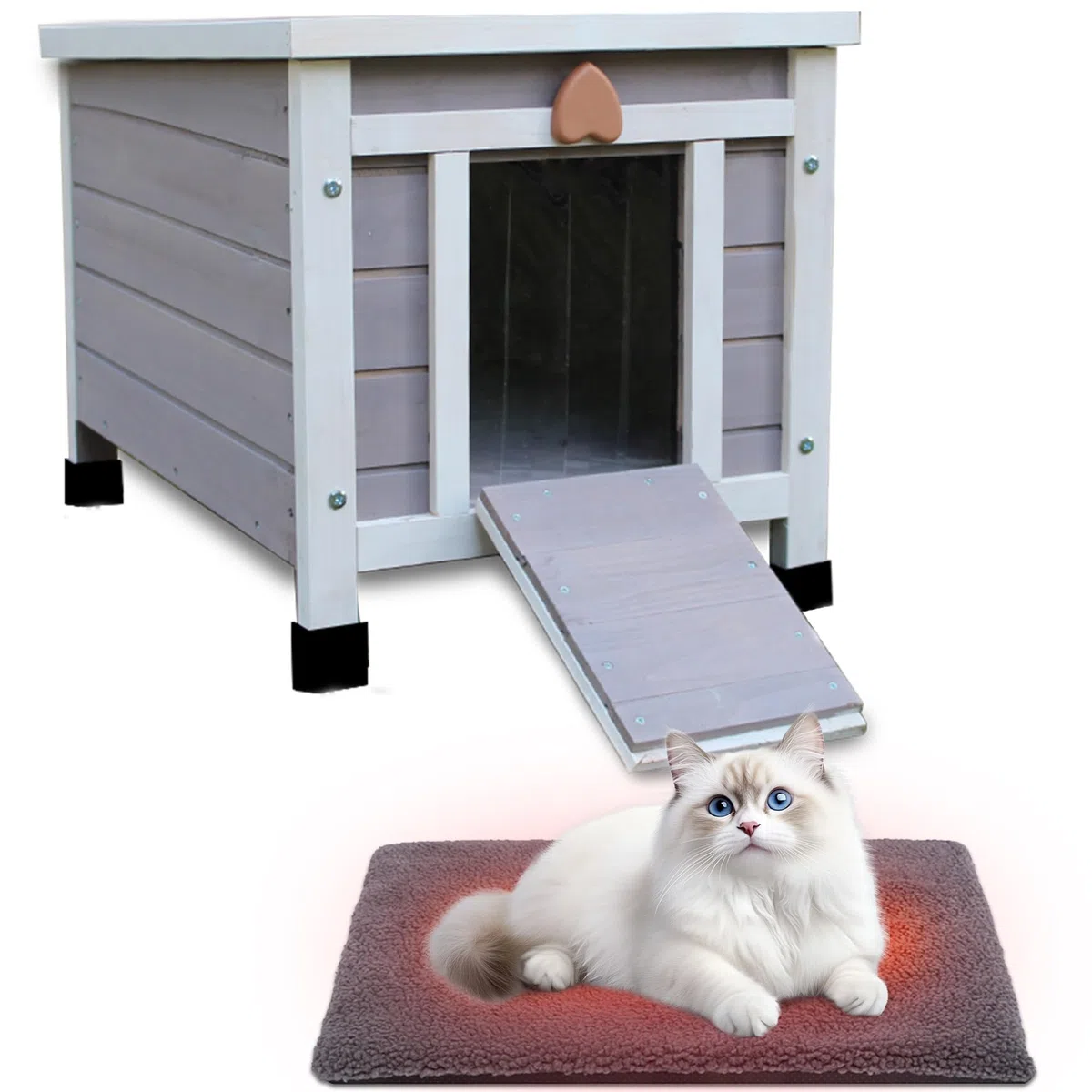 Maison de Chat d'extérieur avec Tapis, Maison de Chat Exterieur en Bois,Sauvage extérieure résistant aux intempéries, Petite Maison en Bois avec Tapis 42 x 51 x 43 cm (Gris)