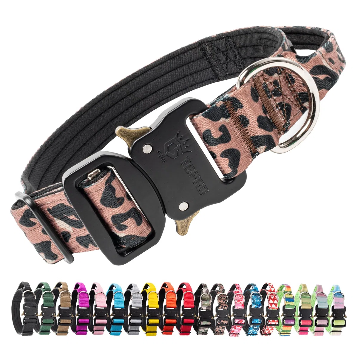 TSPRO Premium Collier Tactique Chien Collier Chien avec Poignée, Reglable Collier pour Chien Boucle en Métal à Déverrouillage Rapide pour Chiens de Taille Moyenne à Grande (Imprimé Léopard M)