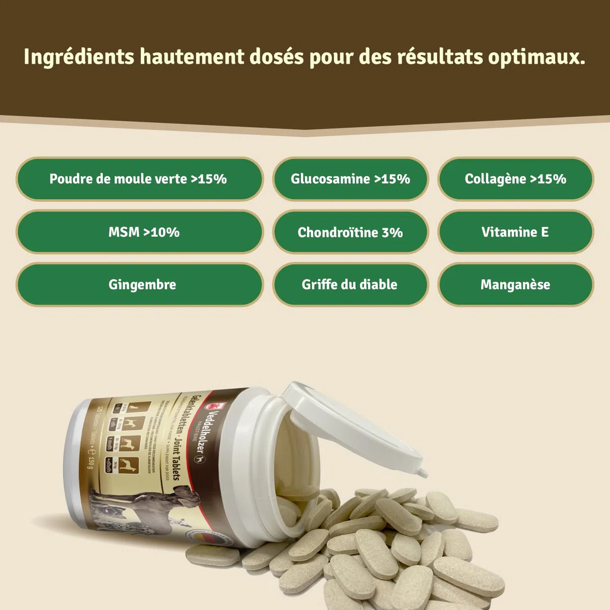 Veddelholzer LAURÉAT DE COMPARAISON DE Produits 2024 Comprimés Anti arthrose Chien articulations pour Chiens avec Moule aux orles Vertes MSM & Griffe du Diable, glucosamine & collagène 125 comprimés