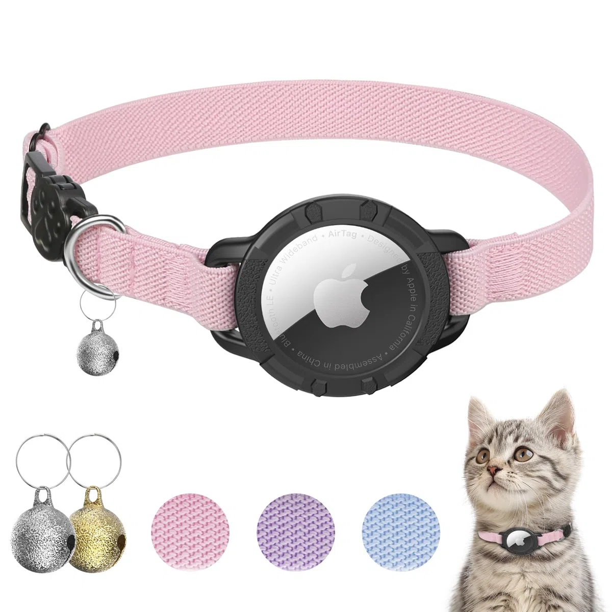Collier pour Chat AirTag, Collier Extensible pour Chaton avec Support pour Apple Air Tag et Clochette, Collier de Chat avec Design Détachable Ultra Élastique et Suivi GPS pour Chats et Chiots (19-32