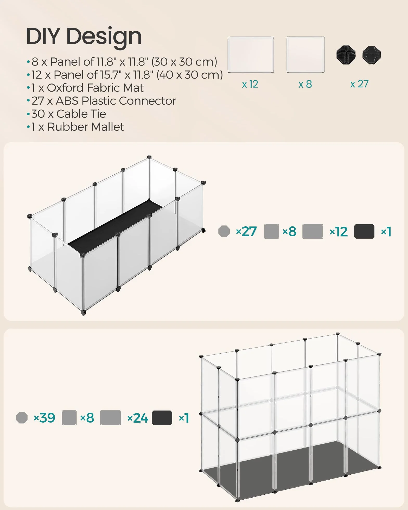 SONGMICS Enclos pour Animaux avec Plancher et Tapis Imperméable et Amovible, Parc pour Petits Animaux, pour Hamsters, Lapin, Hérisson, Cochon d’Inde, 125 x 63 x 42 cm, Blanc LPC009W01