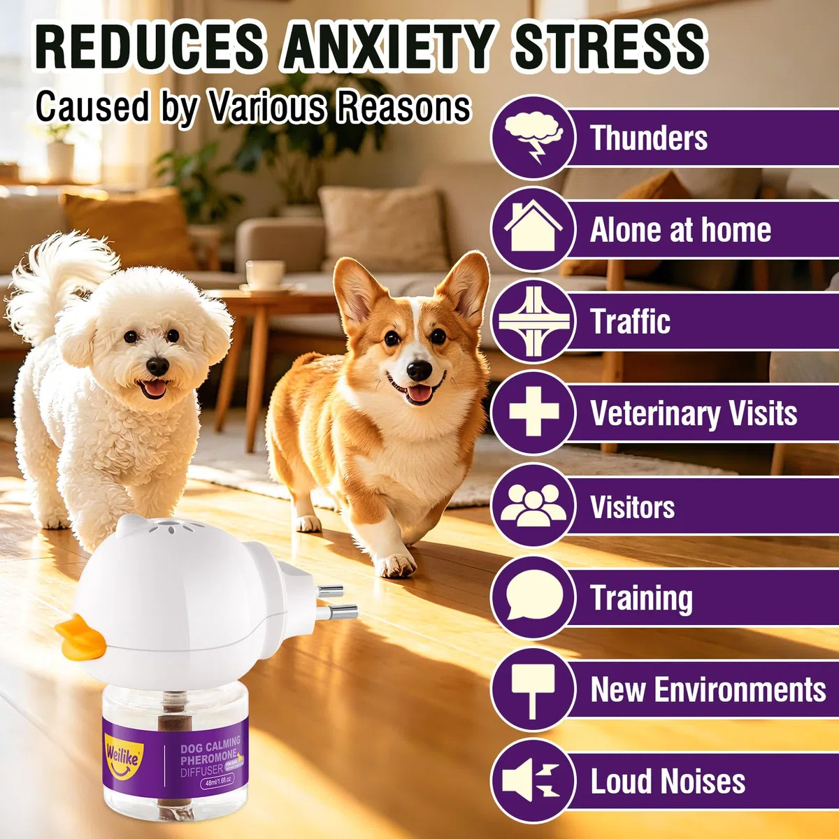 Diffuseur De Phéromones Apaisantes pour Chiens,Soulagement Naturel De L'anxiété,Réduit Le Stress Et Favorise La Relaxation,Formule Sûre Et Efficace,2 Recharges (3 Ricariche+1 Diffusore)
