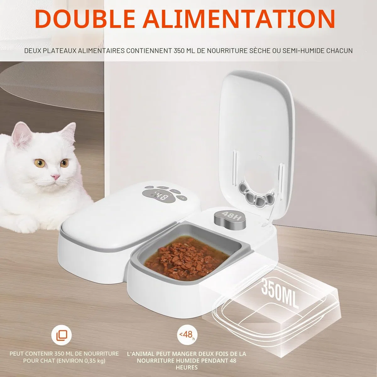 Mangeoire automatique pour chats, mangeoire automatique à deux repas pour chiens et chats, mangeoire avec minuteur de 48 heures contrôlé par écran, alimentation automatique avec aliments secs