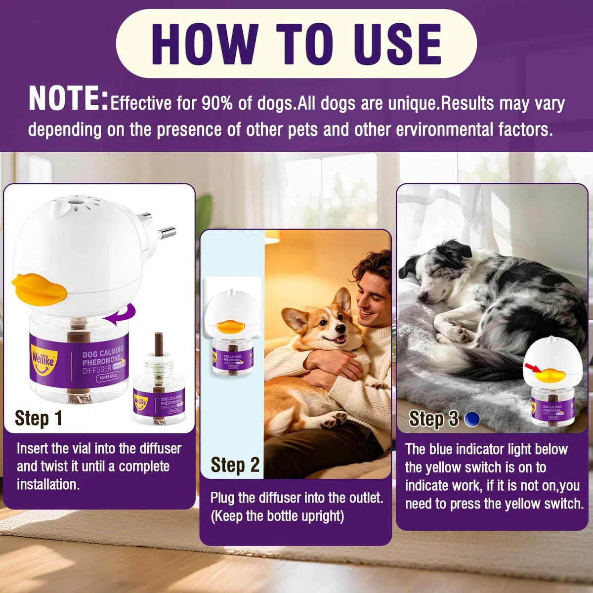 Diffuseur De Phéromones Apaisantes pour Chiens,Soulagement Naturel De L'anxiété,Réduit Le Stress Et Favorise La Relaxation,Formule Sûre Et Efficace,2 Recharges (3 Ricariche+1 Diffusore)